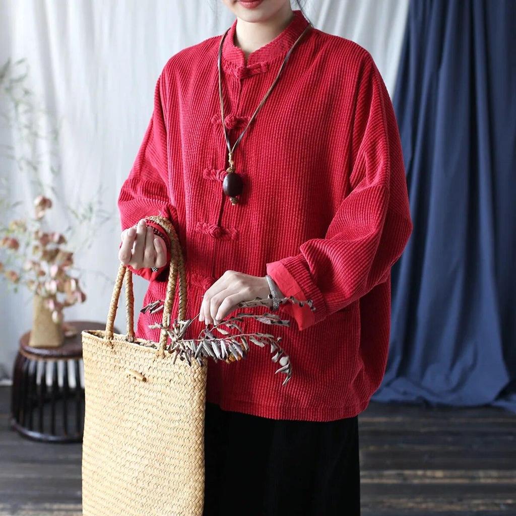 Johnature Women Vintage Stand Jackets Stand Long Sleeve Autumn Coats Button Solid Color Patchwork Pockets Jackets