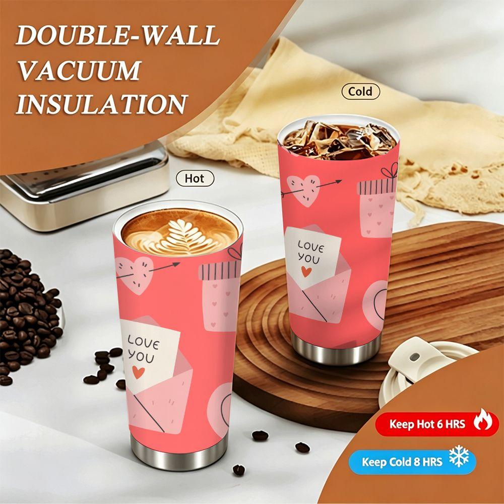 Cute Heart and Love Letter Print Stainless Steel Insulated Coffee Tumbler, Vacuum Travel Mug for Anniversary Valentines Day Gift