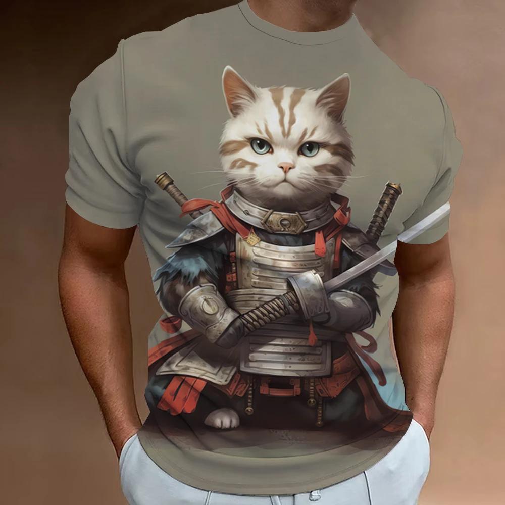 New Retro Men 2024 Fashion Oversized Men's Clothing Quick Drying T-shirt Top T-shirt 3d Samurai Cat Print Short Sleeve T-shirt