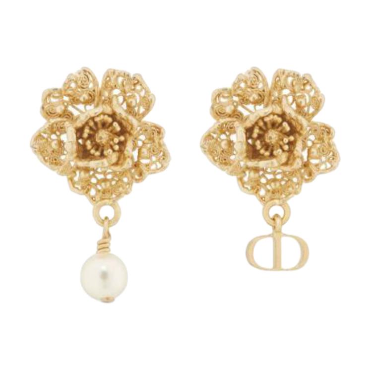 Dior Floral Design Gold-Plated Metal Resin Pearl Earrings Unisex Earrings E4111WOMRS_D301