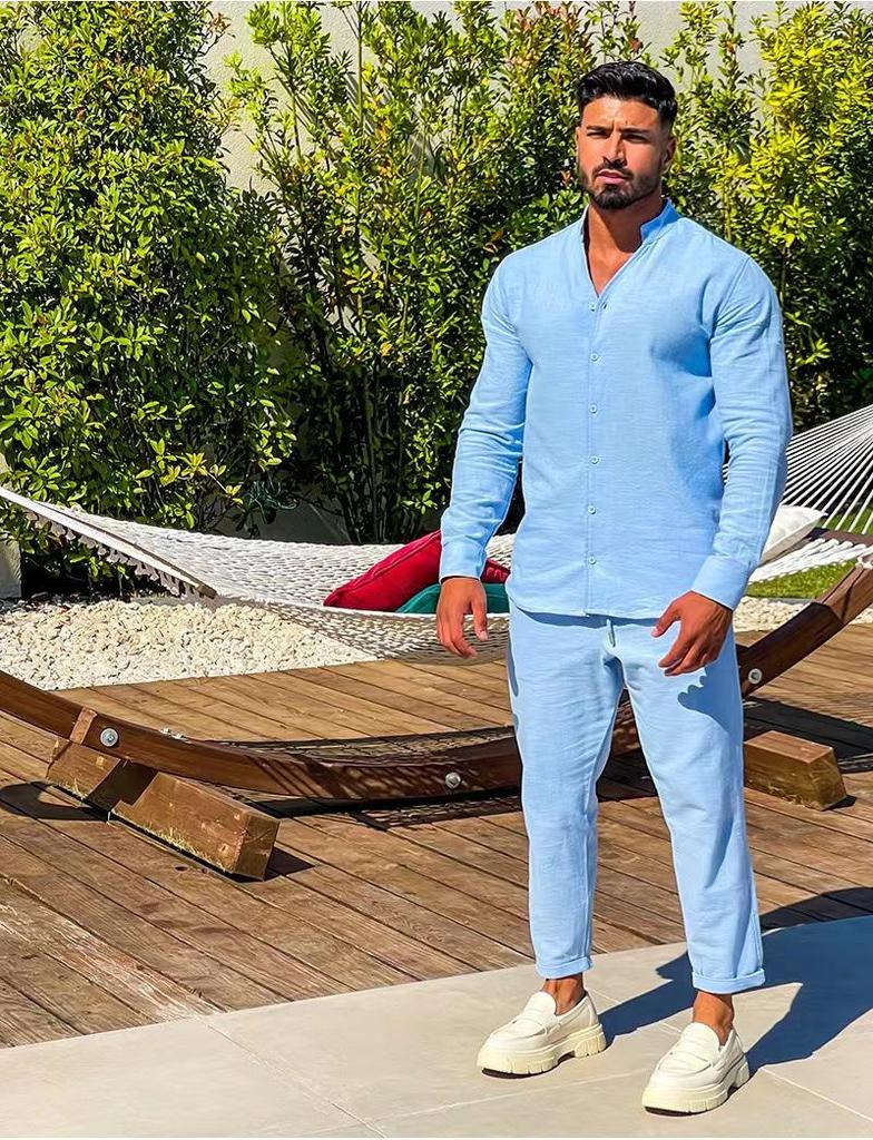 Европейский и американский мужской льняной осенний повседневный костюм-двойка: Топ с длинным рукавом и брюки