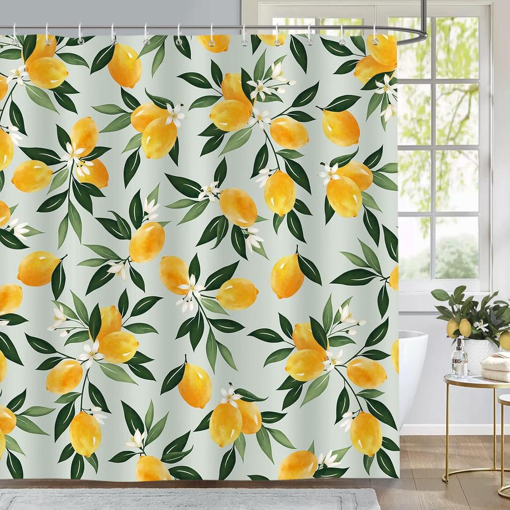 Лимонная шторка для душа, Шторка для ванной из полиэстеровой ткани с принтом фруктов и зеленых листьев по всей поверхности, Водонепроницаемая