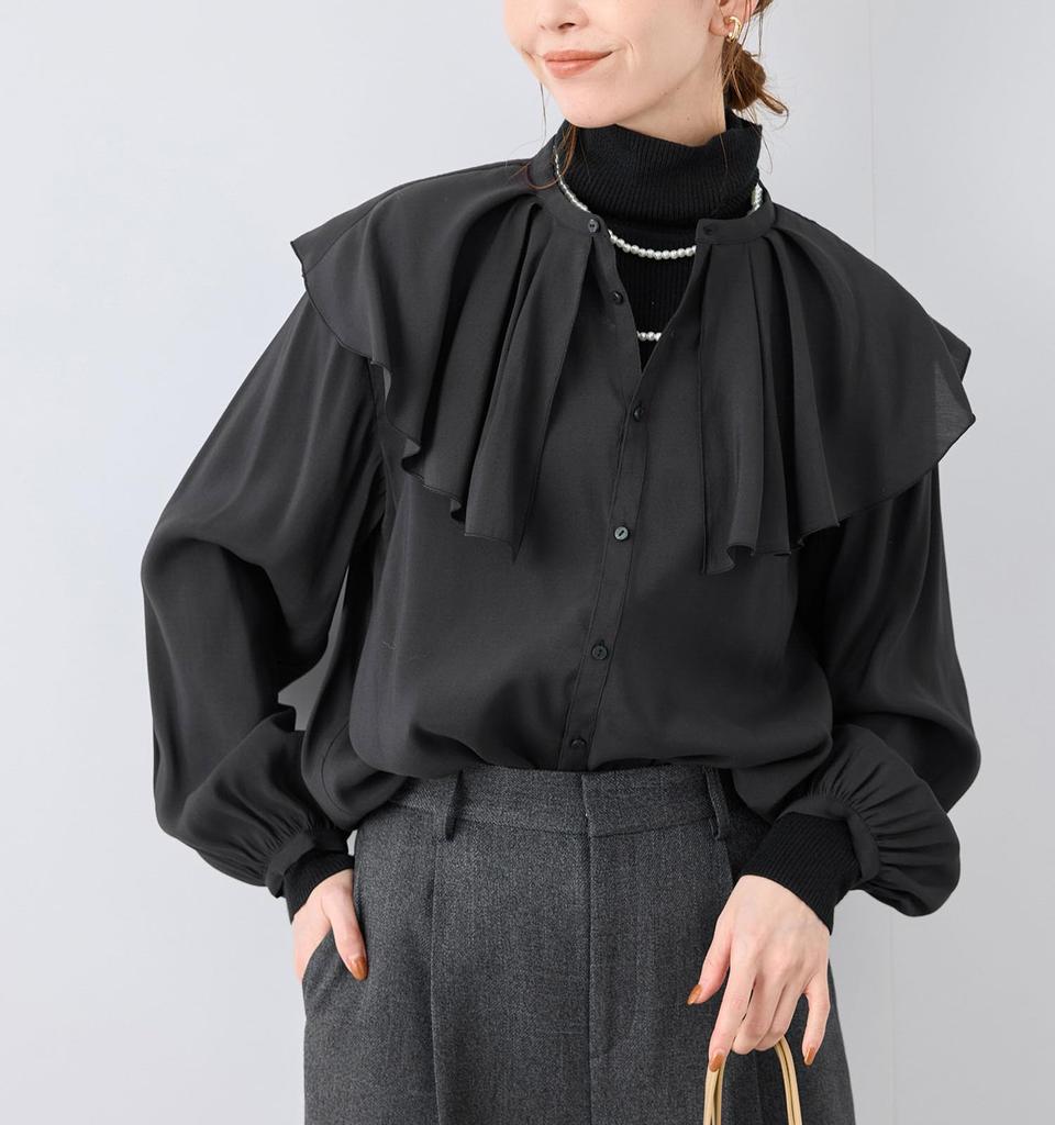 ROPE PICNIC Frill Collar Black Women's Blouse, (01)