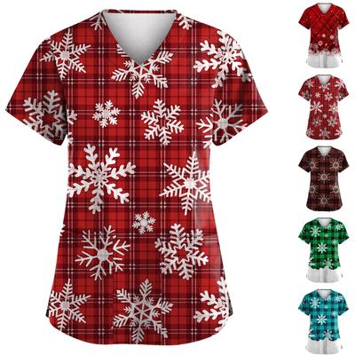 Большие размеры Рождественский принт Рабочая униформа Топы для женщин V-образный вырез Короткие рукава Футболки рабочая одежда Футболка с карманами