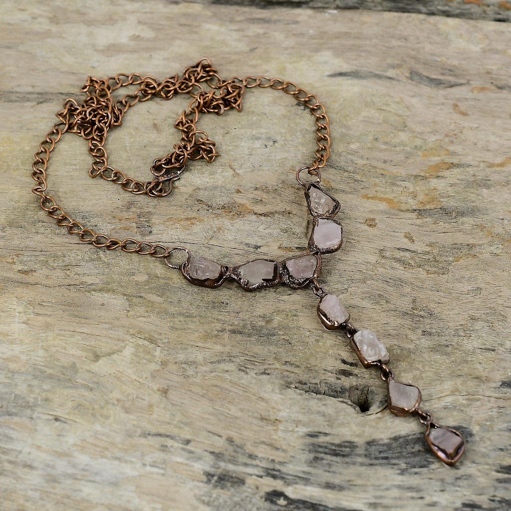 Грубое ожерелье из розового кварца, медное ожерелье, изготовленное гальваническим методом, регулируемое ожерелье-цепочка, ювелирные изделия ручной работы, ожерелье из драгоценных камней, изготовленное гальваническим методом для подарка