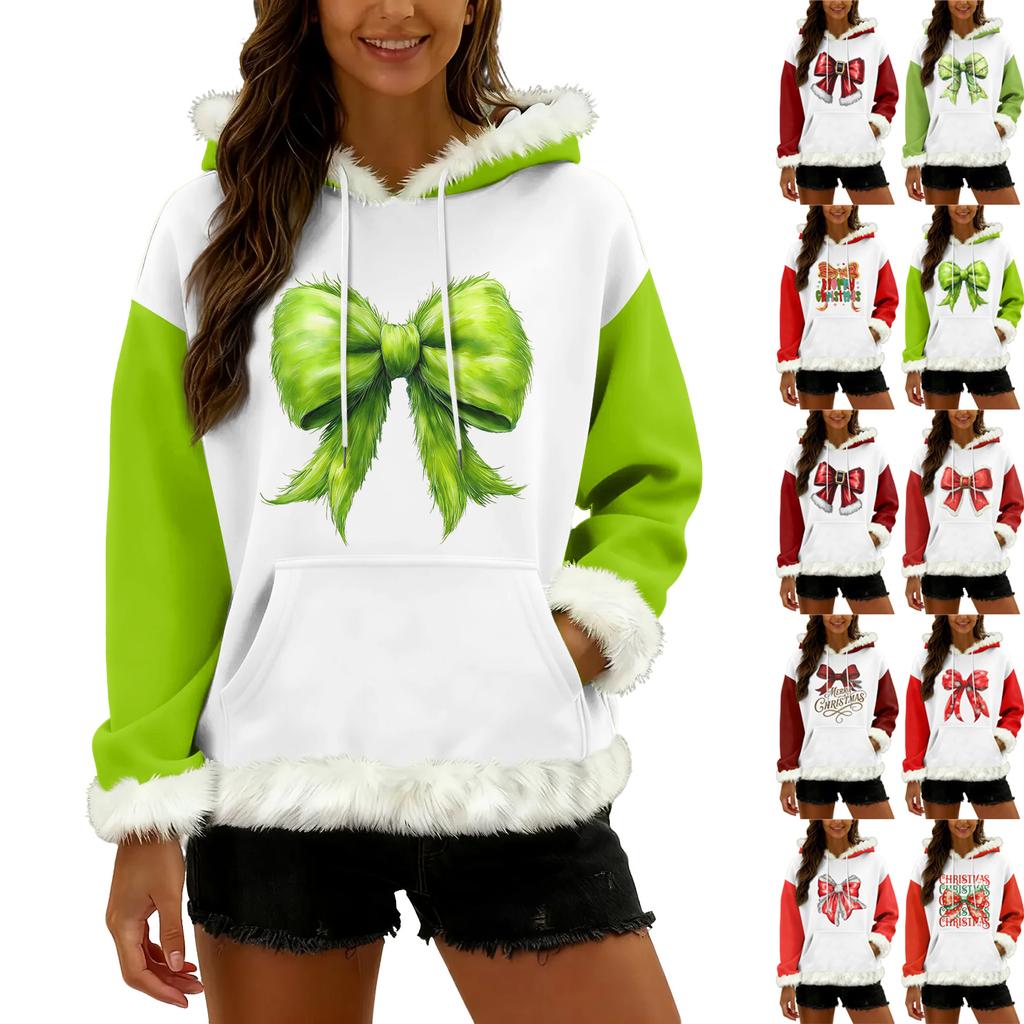 Women's Christmas Print Colorblocked Loose Casual Hoodie
