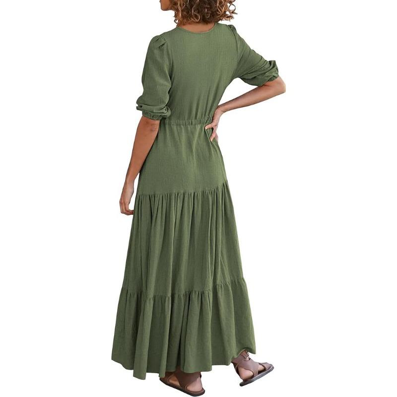 YYFS Women's Fashion Summer Spring Solid Color Print Short Sleeve V-Neck High Waist Casual Dresses