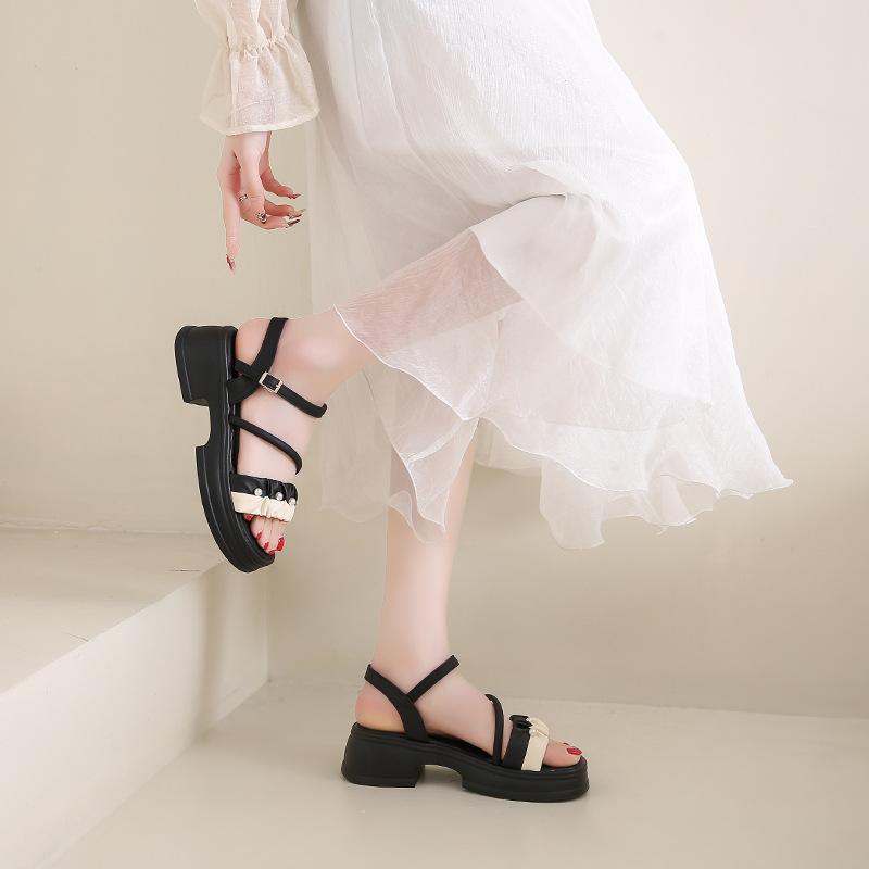 Thickened Heightening Sandals Women's 2025 Summer New Fashion One-word Pearl Belt Fashion Shoes Beach Sandals Women