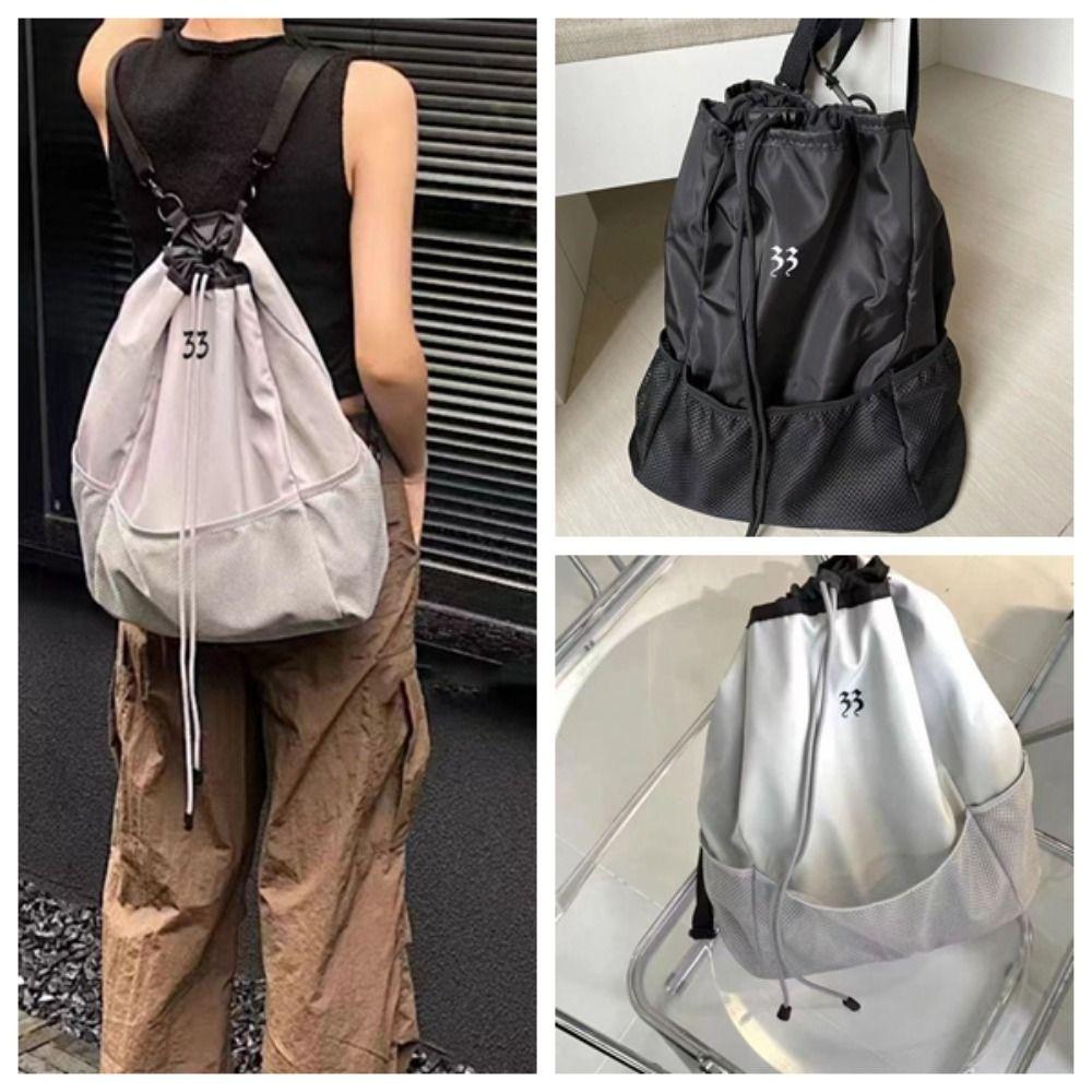 Stereoscopic Offset Printing Drawstring Mesh Backpack Lightweight Solid Color Knapsack Hiking