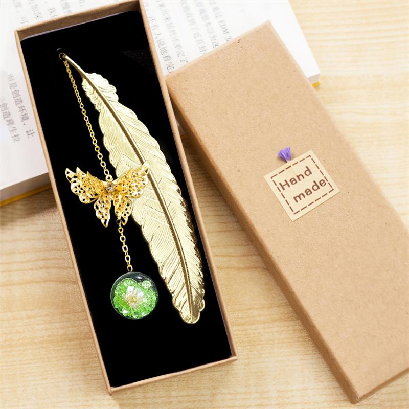 1pc Chinese Style Metal Feather Bookmark Creative Immortal Dried Flower Butterfly Leaf Student Bookmark Teacher's Day Gift