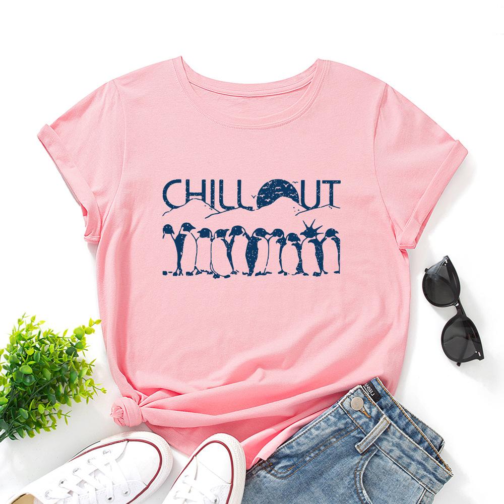 Хлопковая футболка с пингвином, с коротким рукавом, с круглым вырезом, женская, с 2D-принтом, топы