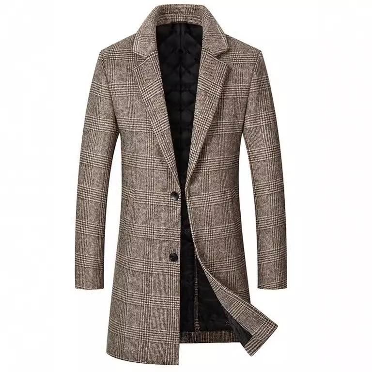 Autumn and Winter Thickened Padded Plaid Woolen Coat Medium and Long Trench Coat Slim Lapel Top Jacket