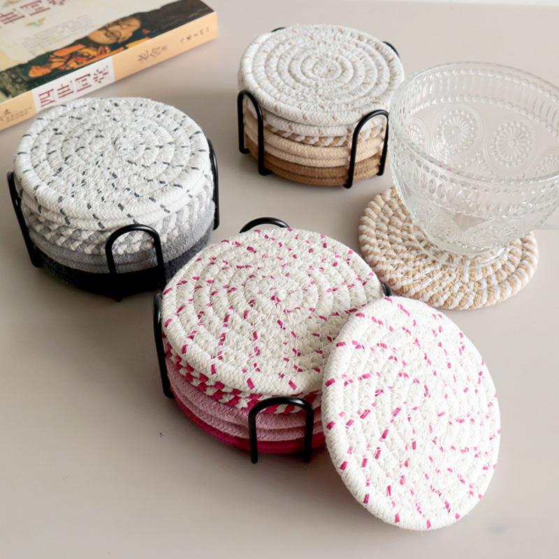 8PCS/Set Cotton Rope Woven Coaster with Holder Table Insulating Mat for Cup Bowl Resistant Coffee Shop Desktop Protection Pad