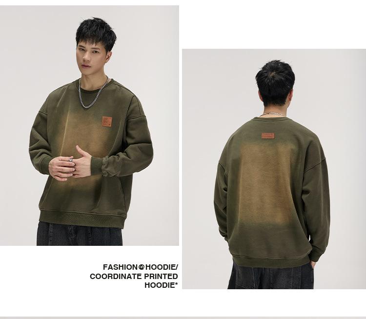CO8000 Мужская ретро-толстовка с капюшоном, тяжелая, с длинным рукавом, градиентная, с эффектом потертости