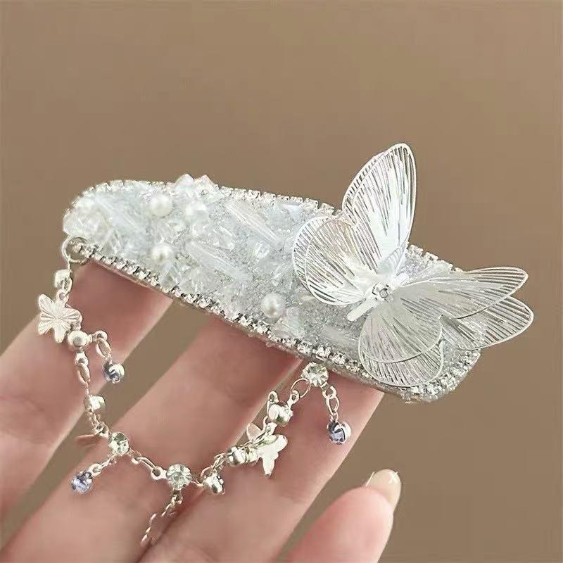 Blue Gem Healing Rhinestone Pearl Ethnic Tassel Hair Clip for Women