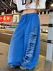 Unisex Retro Ripped Letter Print Wide-Leg Sweatpants – Loose Fit, Casual Versatile Wear
