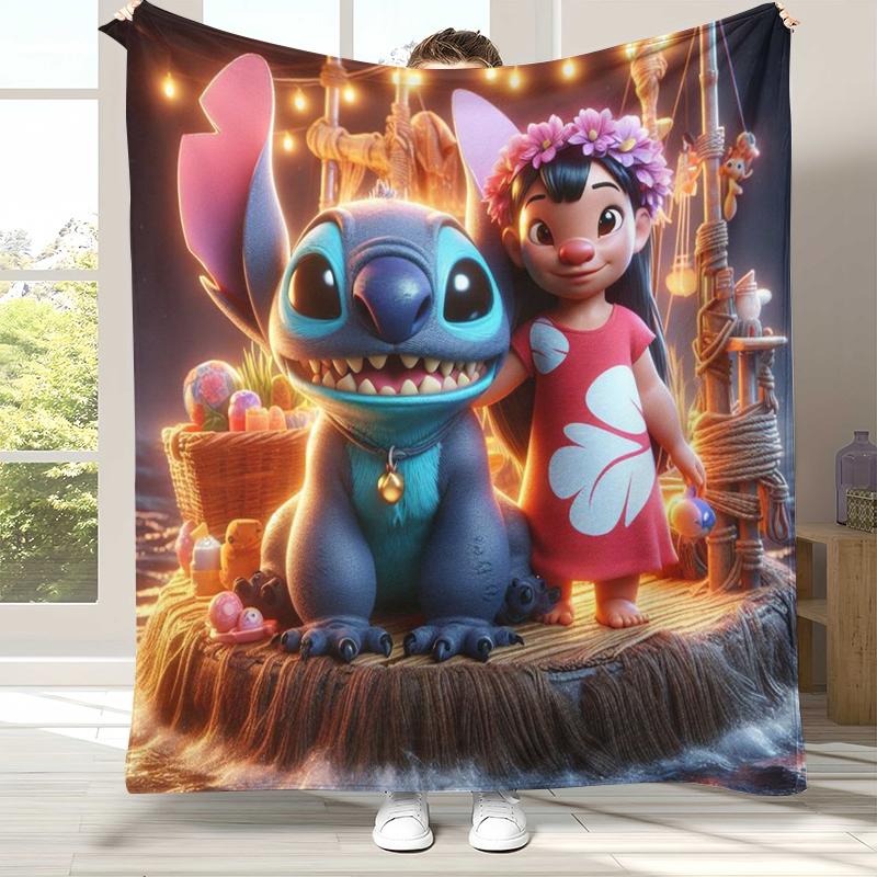 Милое Фланелевое Одеяло с Мультяшным Узором 'S-Stitch', Ультра Мягкий Теплый Плюшевый Плед для Дома, Спальни, Кровати, Дивана, Походный Пикник, Подарок для Детей