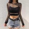 Summer Women's Fashion Sexy Long Sleeve Mesh Perspective Lace Shirt Navel Revealing Vest Top Party Beachwear