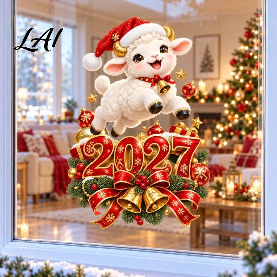 Reusable PVC Window Clings 2027 New Year Clings Christmas Cartoon Sheep Static Glass Stickers Removable Graphics of Goat Decal for Holiday