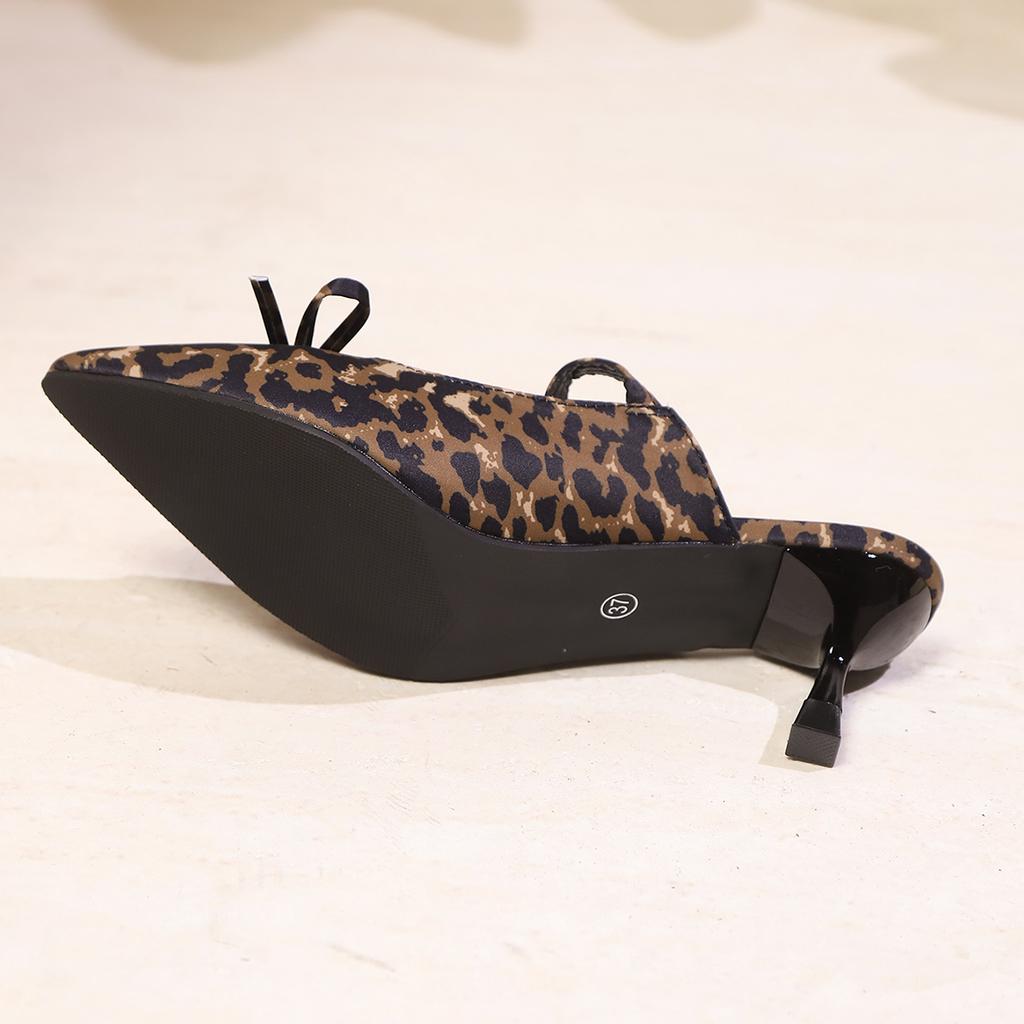 Elegant Leopard Mid Heels Bow Slippers Sandals Summer Pointed Toe Sexy Pumps Women Shoes Dress Designer Zapatillas