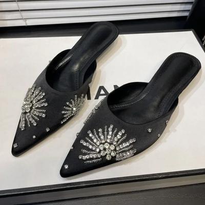 Модные хрустальные туфли-мюли на каблуке с острым носком, элегантные босоножки на каблуке, летние шлепанцы для вечеринок 2025, новая роскошная женская обувь