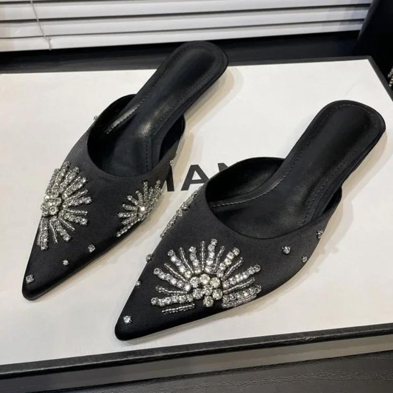 Модные хрустальные туфли-мюли на каблуке с острым носком, элегантные босоножки на каблуке, летние шлепанцы для вечеринок 2025, новая роскошная женская обувь