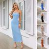 Women Prom Dress Off Shoulder Bandeau Sleeveless Backless Slim Fit Pure Color Side Split Thread