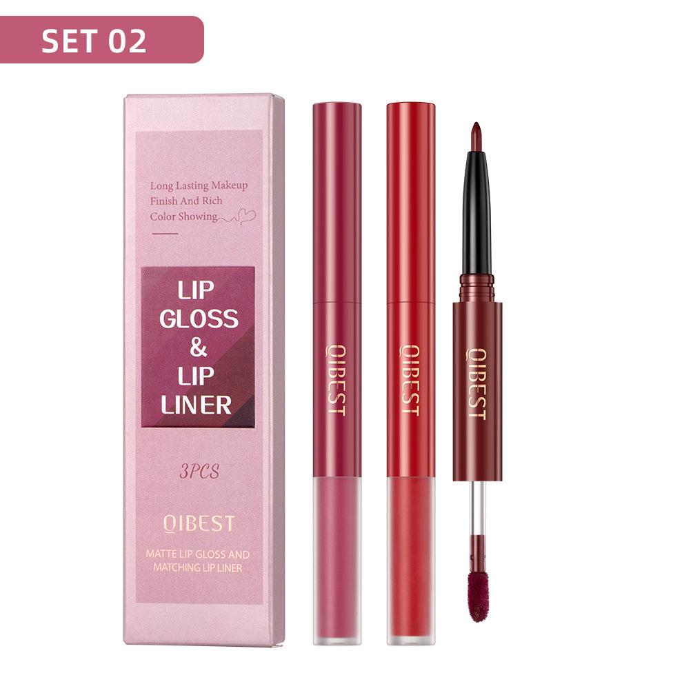 3Pcs/set Dual-head Lip Gloss Lip Liner Pencil 2-in-1 Set Waterproof Matte Velvet Non-smudge Dual-head Lip Glaze Lip Liner Lipstick Set