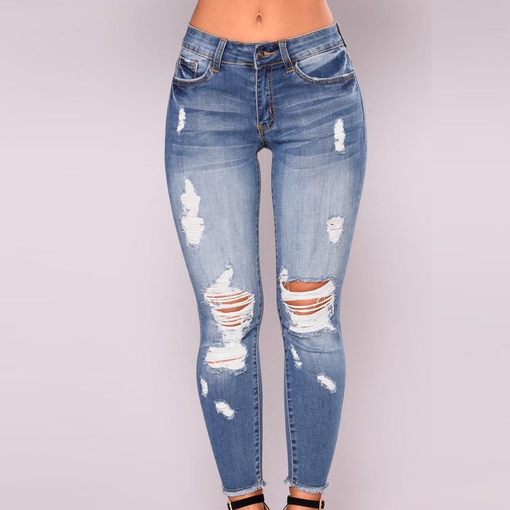 Women Hole Denim Pants  High Jeans Flares  Fashion Pants Trouser