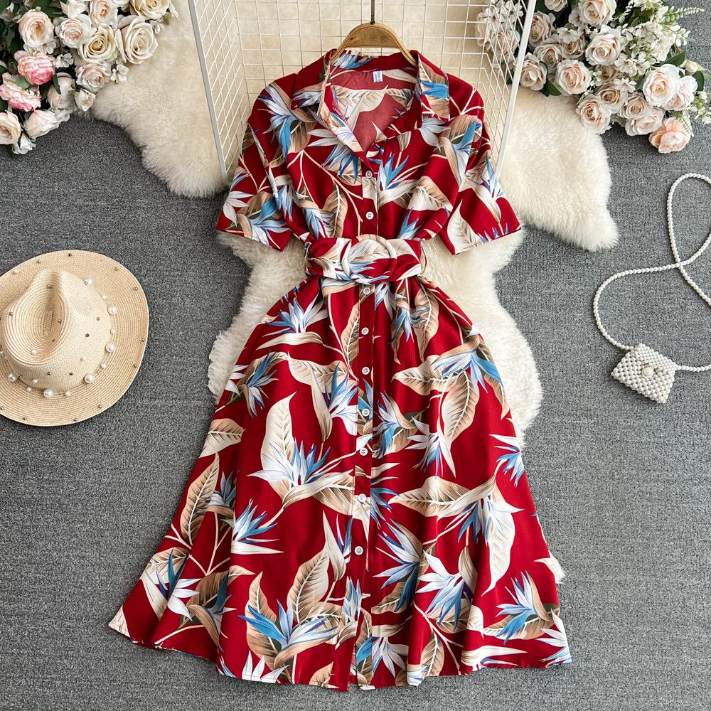 Women's Floral Print Dress A-line Elegant Vintage Lady Summer Dresses with Belt Casual Vestidos