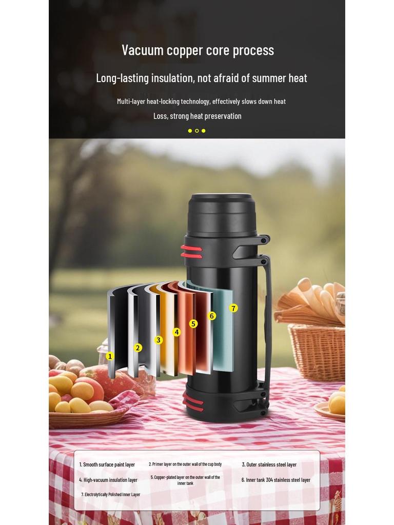 Изолированный дорожный чайник из нержавеющей стали 304 - Портативная бутылка для воды большой вместимости для кемпинга на открытом воздухе.