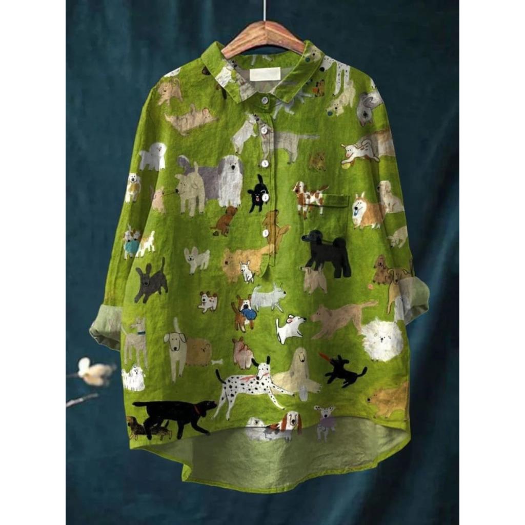 Женская повседневная свободная рубашка на пуговицах с цветочным принтом - Узор 'Косяк рыб'