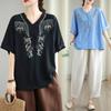 2025 Summer Plus Size T-Shirt Floral Women Short Sleeve V-Neck Short Loose Tops Tees