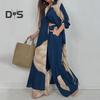 Women V-neck Patchwork Printed Top And Pants Suit Contrasting Color Commuting Set Wide-leg Trousers And Extra-length Top Loose Fit Outfit for Various