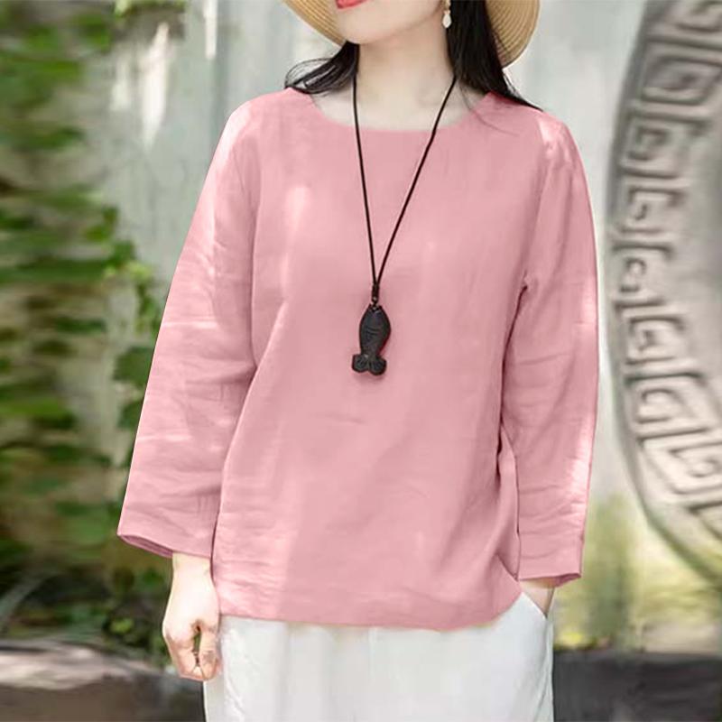 ZANZEA Женские хлопковые однотонные блузки с круглым вырезом и длинным рукавом