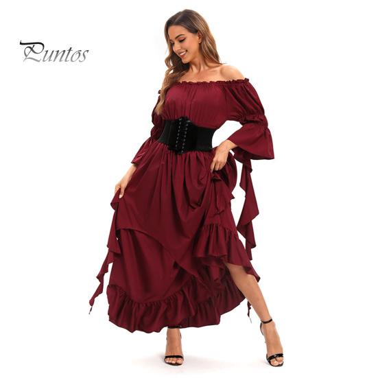 Платье на Хэллоуин Винтажное ренессансное средневековое викторианское пиратское платье Бальное платье для выпускного вечера с открытыми плечами и рукавами-колокольчиками с рюшами и плиссировкой Нерегулярный подол Макси-платье