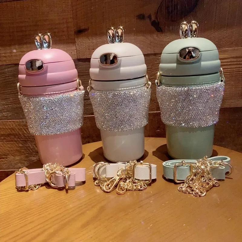 480ML Straight Cup Luxury Rhinestone Stainless Steel Vacuum Insulated Cup With Chain Water Bottles Tumblers Thermos Bottle Gifts