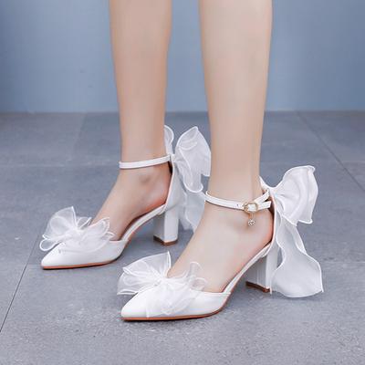 Женские туфли-лодочки на толстом каблуке 7 см с острым носком, белые, свадебные, для невесты, на высоком каблуке, больших размеров, для девушки