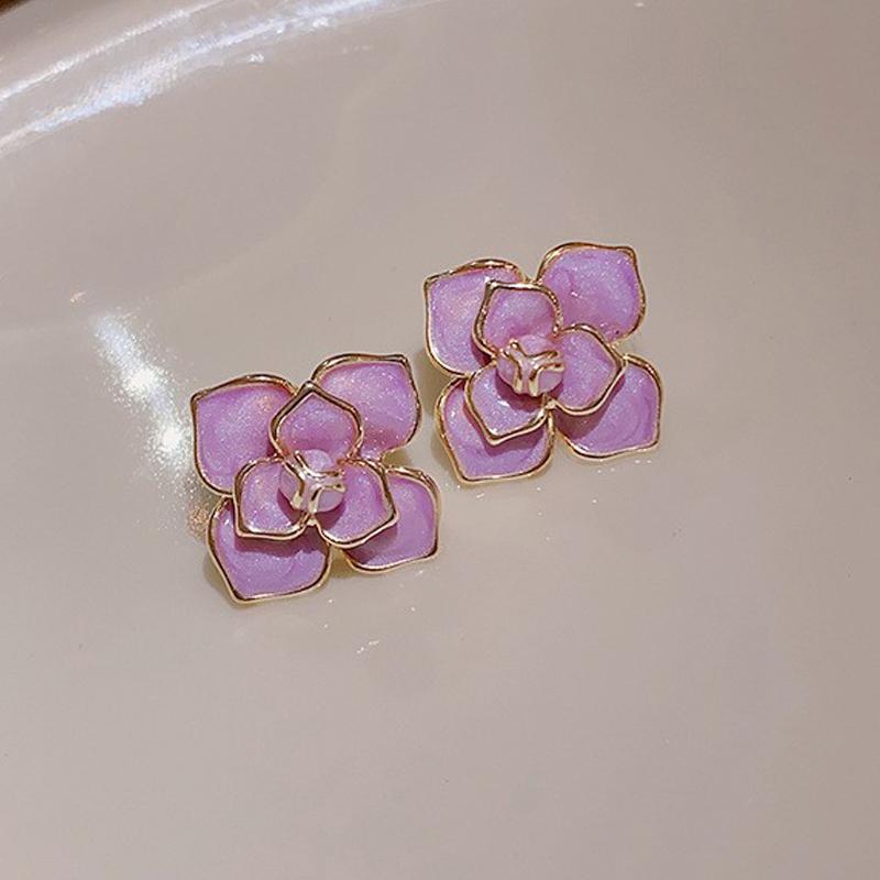 Purple Enamel Oil Flower Stud Earrings for Women Elegant Blooming Gardenia Flowers Earrings Wedding Party Sweet Jewelry Gift