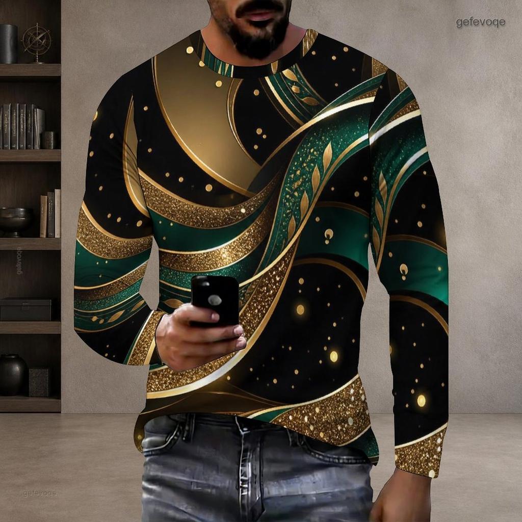 Men Plus Size Round Neck Long Sleeve Black Gold Geometric Printed T Shirt