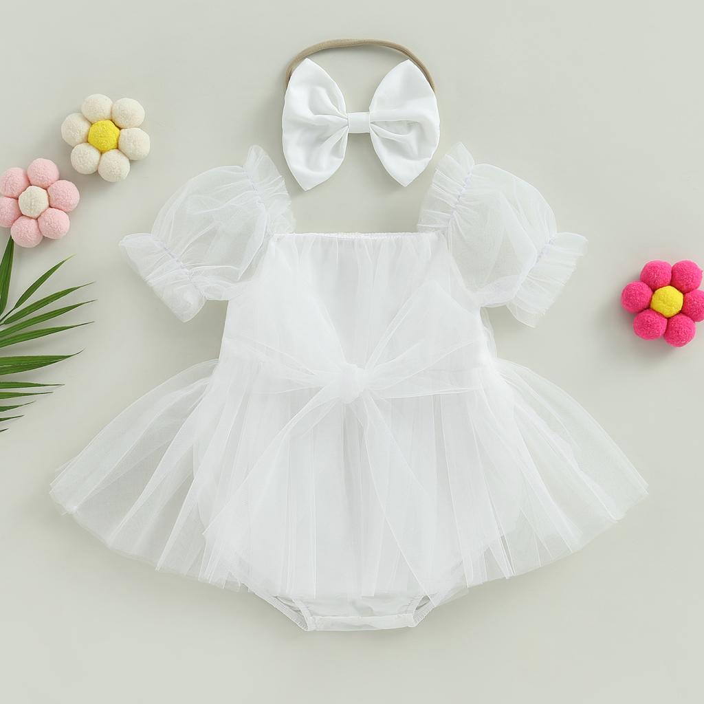 Baby Girl Summer Outfits, Short Sleeve Bow Front Romper Tulle Dress with Headband Set 2Pcs Clothes