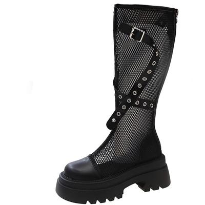 Модные 7 см кожаные длинные сапоги сетчатые дышащие высокие летние туфли женские модные женские платья полые толстые каблуки сандалии для улицы