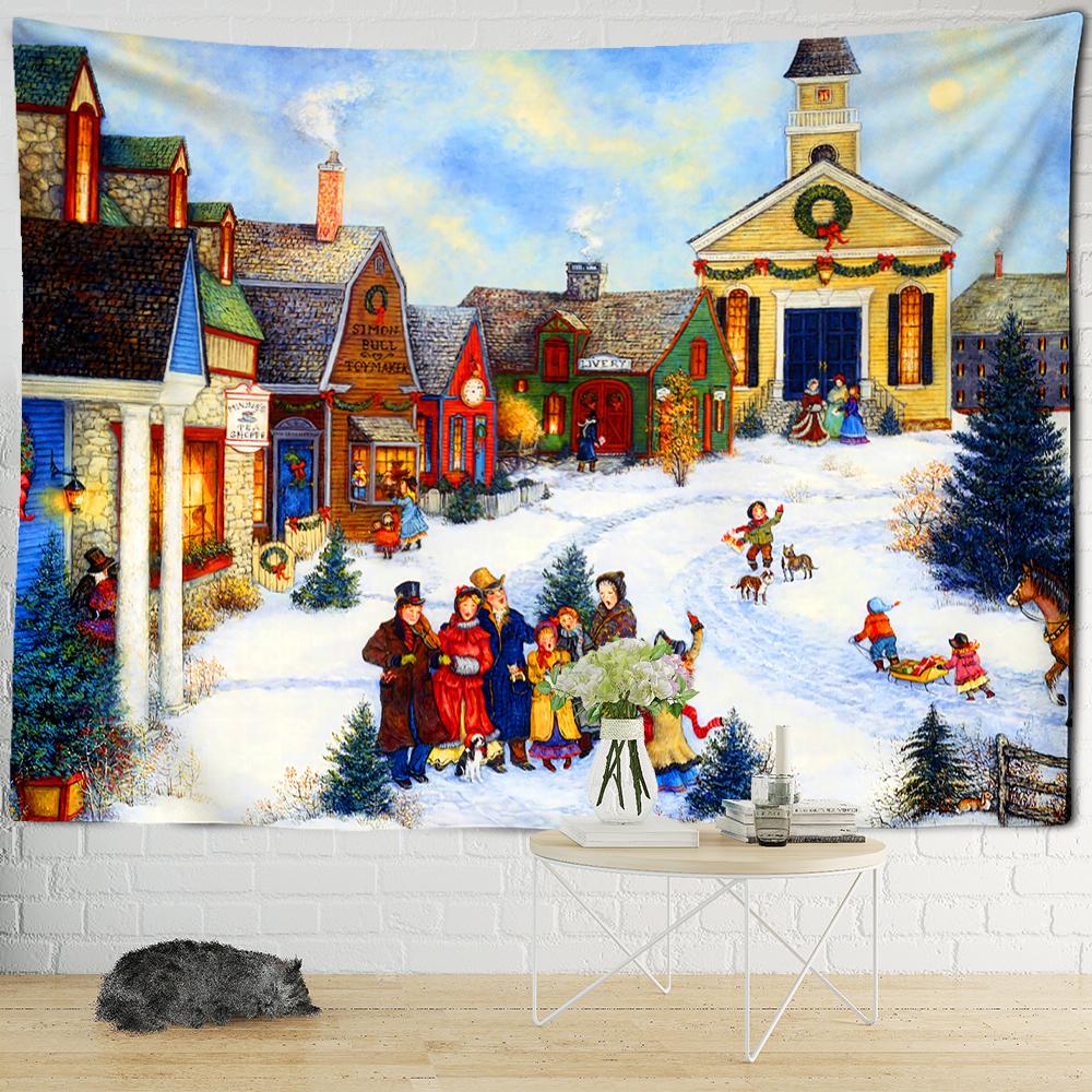 Рождественская снежная ночь, карта путешествий, гобелен, настенный психоделический лесной дом, иллюстрация, домашний декор для гостиной