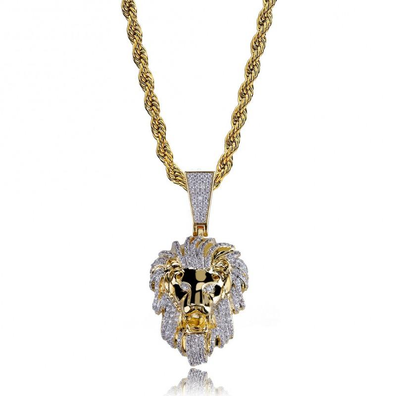 Hip Hop Lion Head Pendant Necklace Gold Plated Micro Pave Zircon Trendy Mens Jewelry