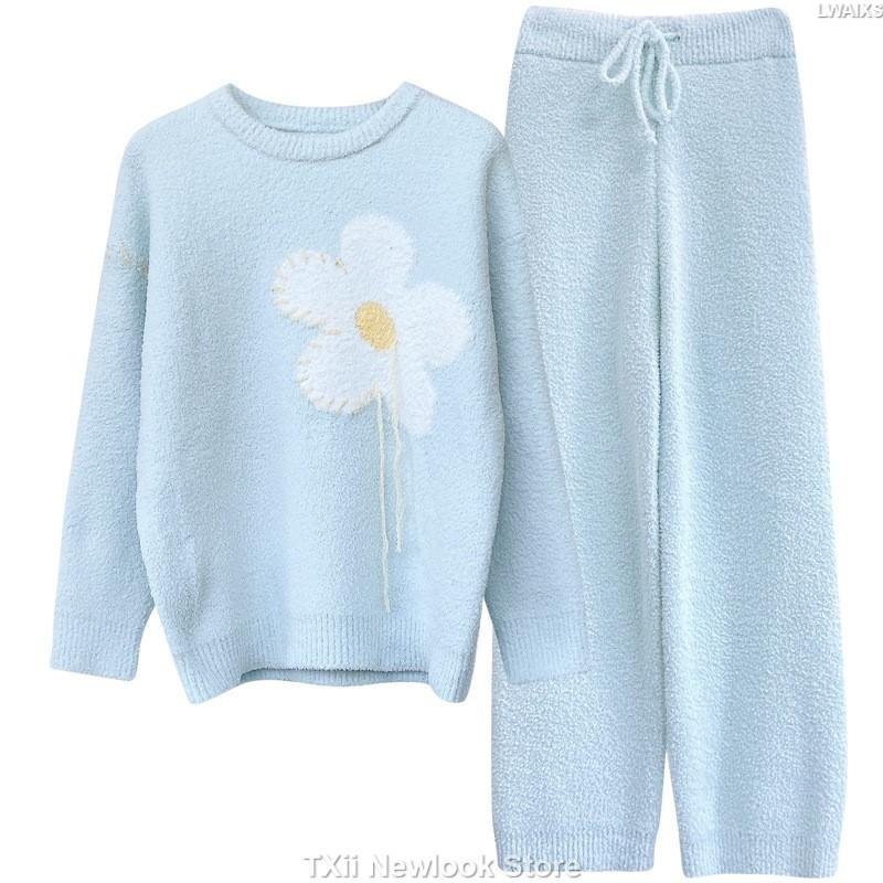 Ношение милой и симпатичной японской пижамы, замедляющей старение, женская осенне-зимняя шерстяная цветочная мягкая утолщенная трикотажная домашняя одежда