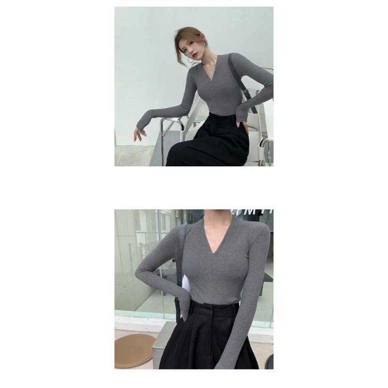 Women S V Neck Long Sleeve Slim Fit Solid Color Base T Shirt