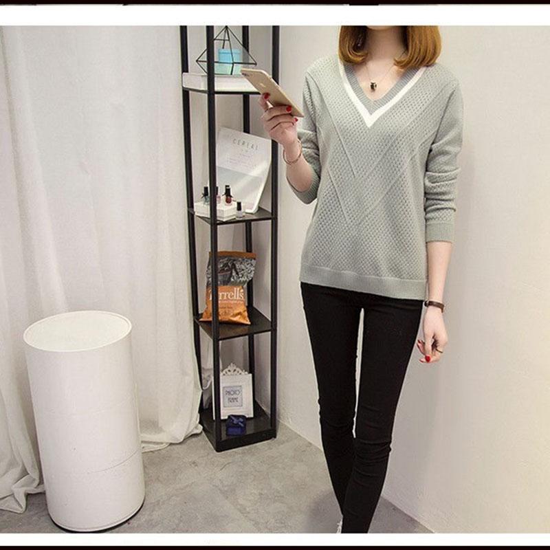 Осенний женский свитер с длинным рукавом, однотонный, с вырезом, повседневный пуловер, свободный женский свитер с V-образным вырезом