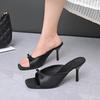 Fashion Bowtie High Heels Sandals for Women 2025 Thin Heeled Summer Outdoor Slippers Woman Plus Size 42 Black WHite Square Toe Slides