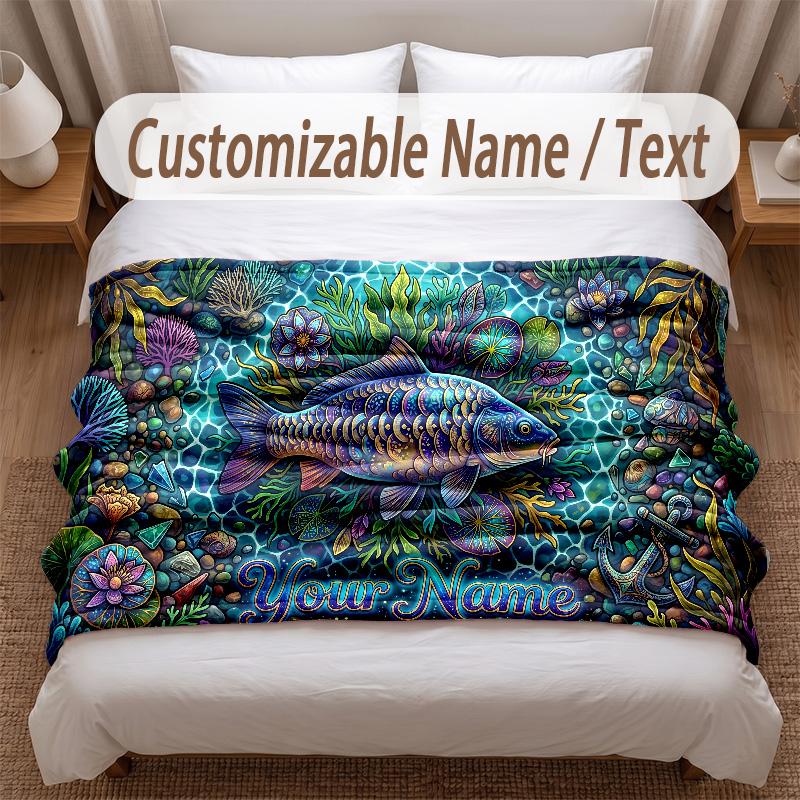 Fish Ocean Theme Soft Blanket Personalized Custom Name Text Print Warm Blanket Home Sofa Bedroom Decor