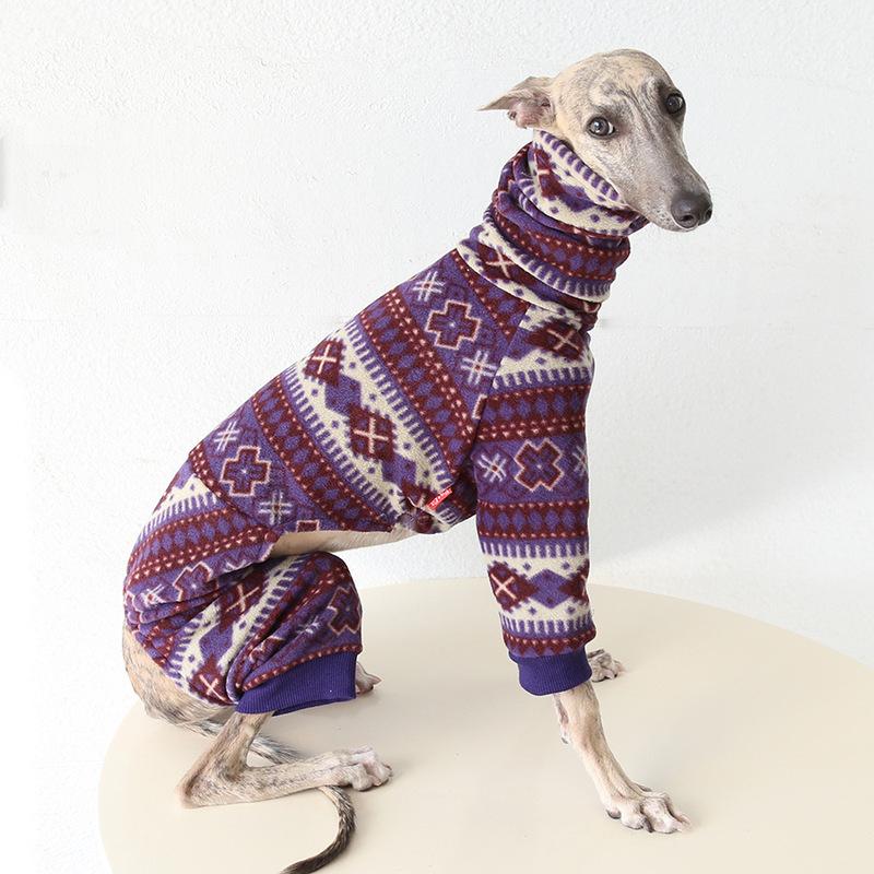 Winter Fleece Dog Pajamas Nordic Ethnic Pattern Four-Legs Jumpsuit for Italian Greyhound Whippet High Neck Thermal Pet Clothes